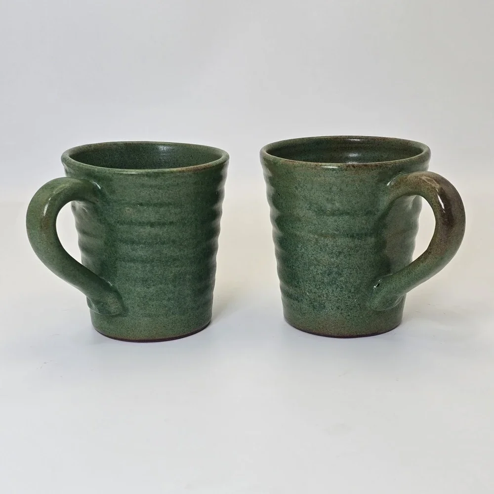 Rackliffe Pottery Blue Hill Maine Green Studio Pottery Mug Pair Signed - Picture 4 of 13